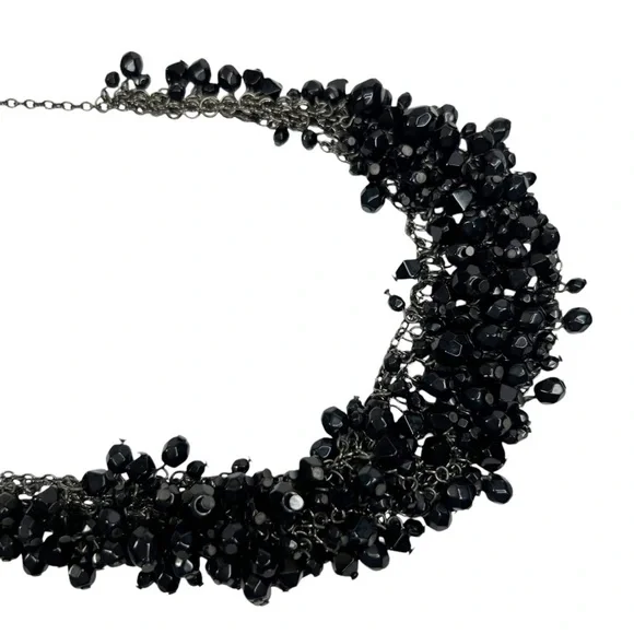 Black Faceted Acrylic Cluster Gunmetal Statement Bib Necklace - Picture 4 of 8